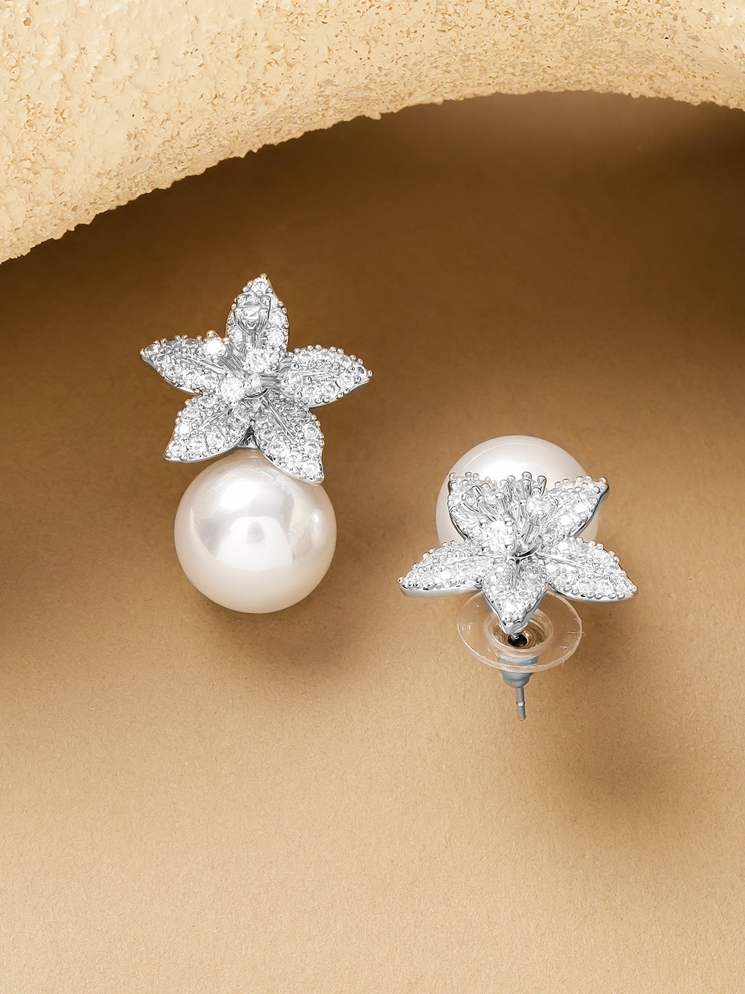 Rubans Rhodium-Plated Cubic Zirconia Studded And Pearls Beaded Floral Shaped Drop Earrings