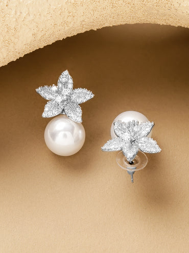 Floral Pearl Drop Stud Earrings