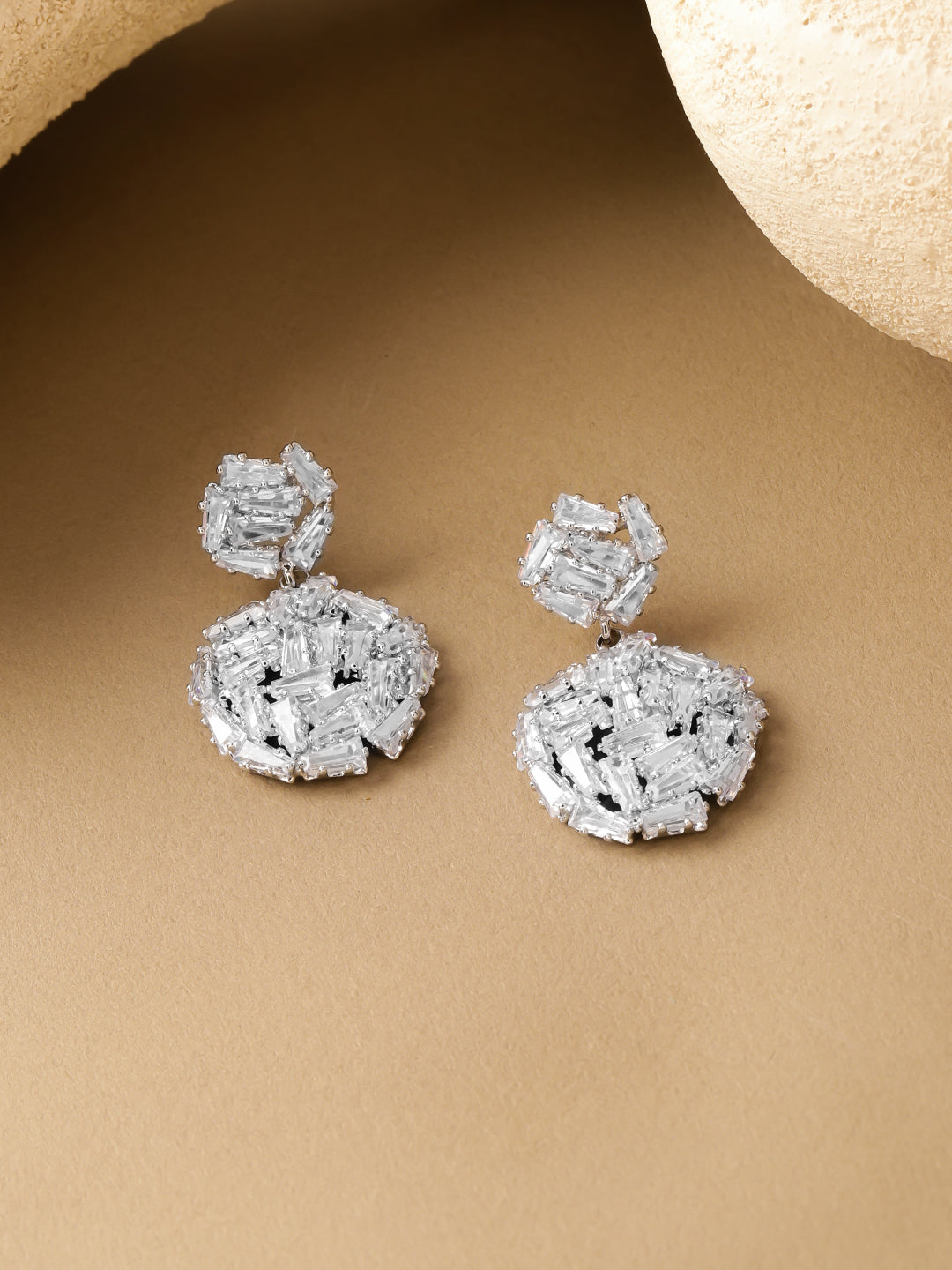 Rubans Rhodium-Plated Crystals Studded Contemporary Shaped Studs