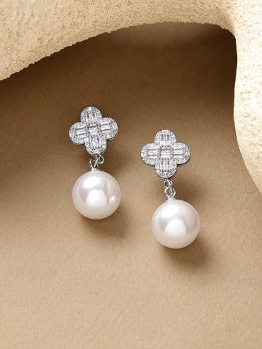 Rubans Voguish Rhodium-Plated Crystals Studded & Pearls Beaded Floral Drop Earrings