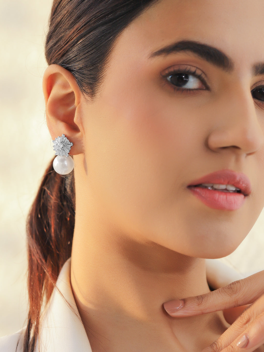 Rubans Rhodium-Plated Cubic Zirconia Sunburst Stud Earrings with White Pearl Drop