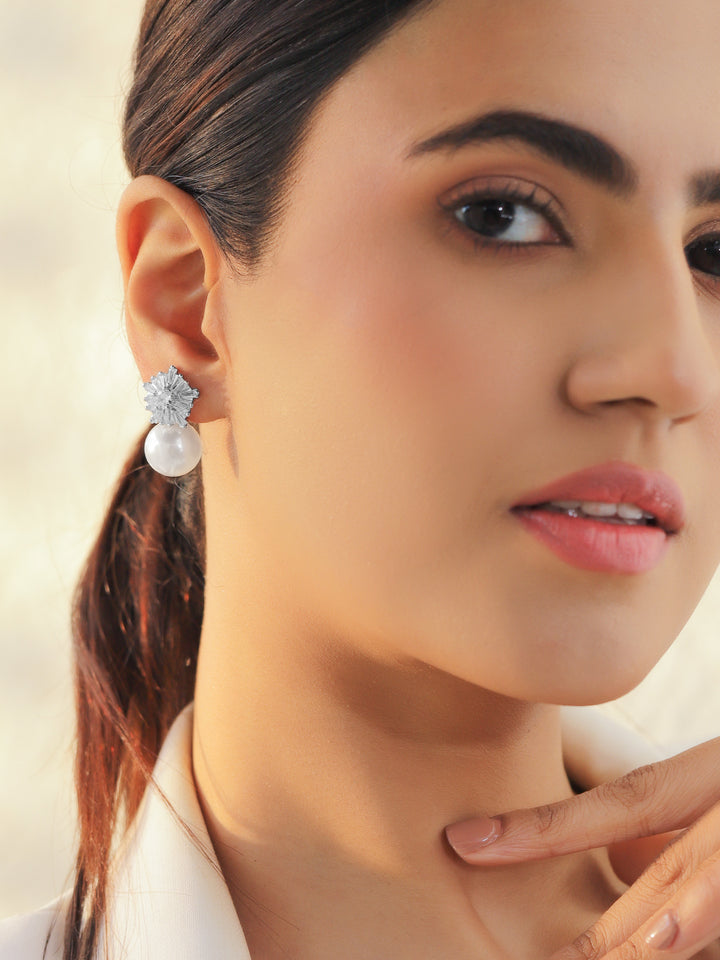 Rubans Rhodium-Plated Cubic Zirconia Sunburst Stud Earrings with White Pearl Drop