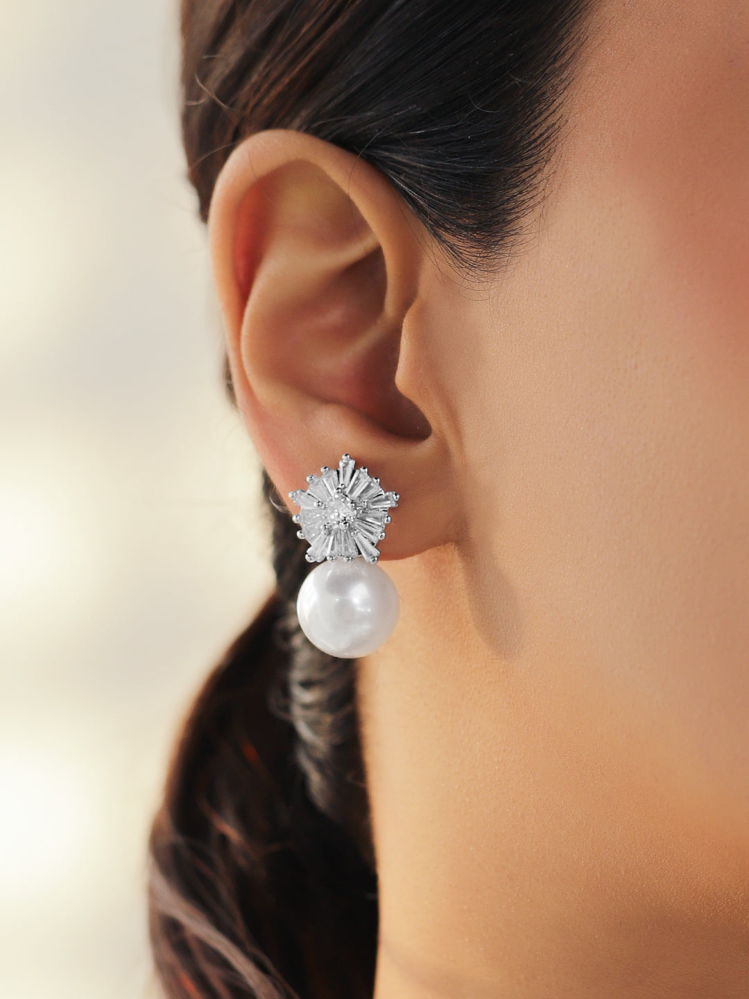 Rubans Rhodium-Plated Cubic Zirconia Sunburst Stud Earrings with White Pearl Drop