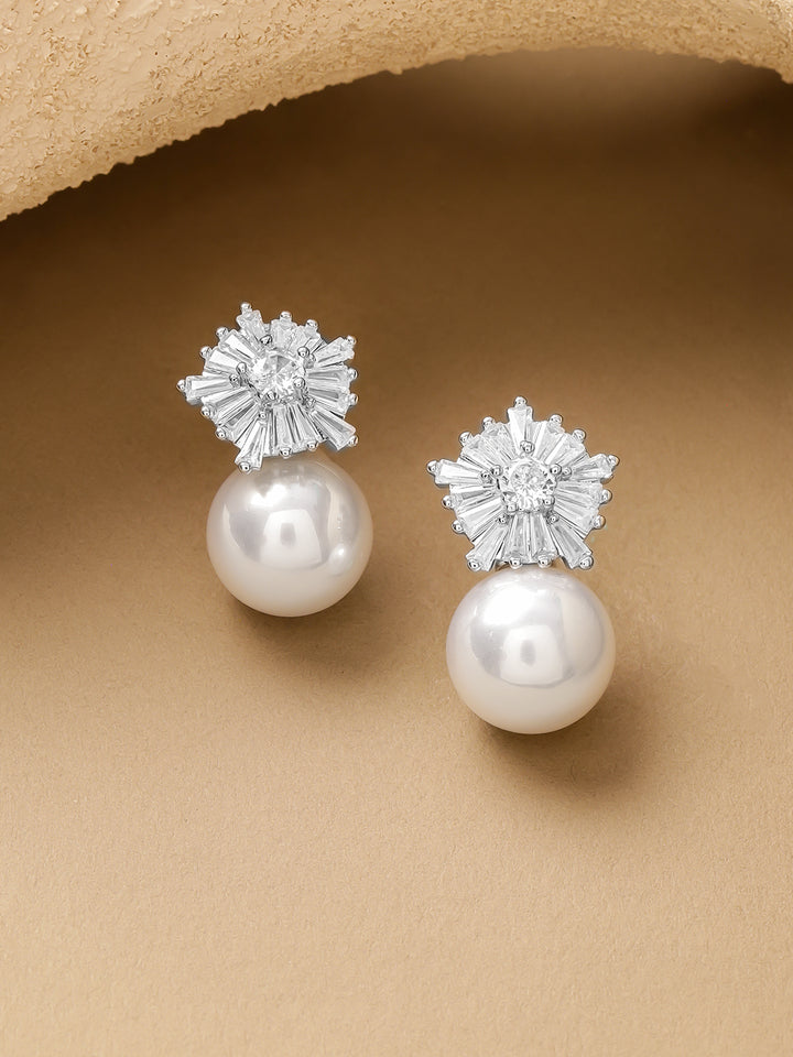 Rubans Rhodium-Plated Cubic Zirconia Sunburst Stud Earrings with White Pearl Drop