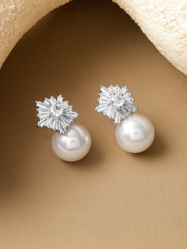 Floral Pearl Stud Silver Earrings