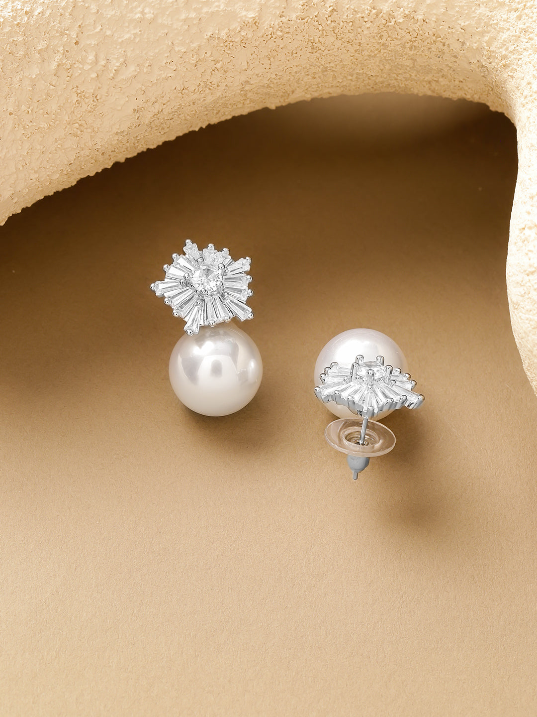 Rubans Rhodium-Plated Cubic Zirconia Sunburst Stud Earrings with White Pearl Drop