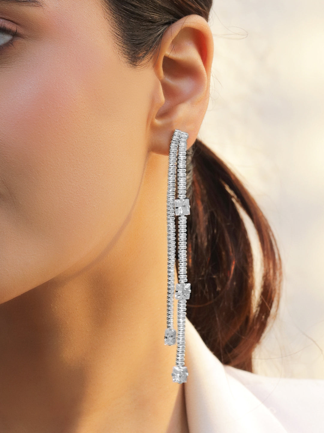 Rubans Rhodium-Plated Crystals Studded Contemporary Tasselled Drop Earrings