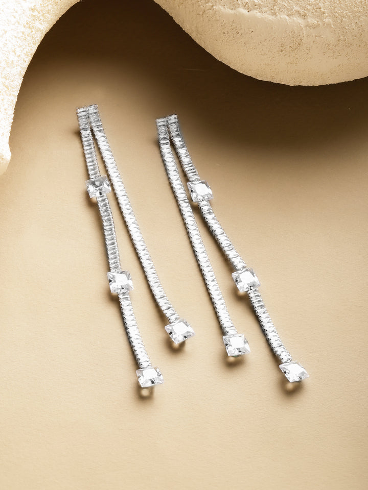 Rubans Rhodium-Plated Crystals Studded Contemporary Tasselled Drop Earrings