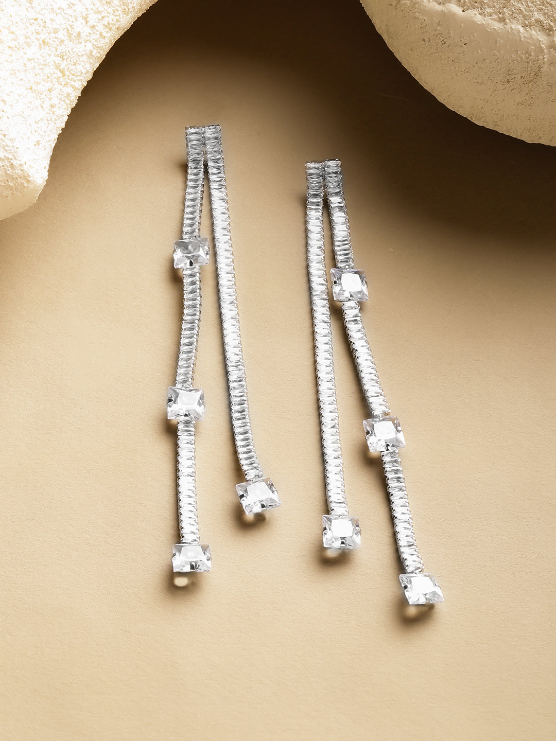 Rubans Rhodium-Plated Crystals Studded Contemporary Tasselled Drop Earrings