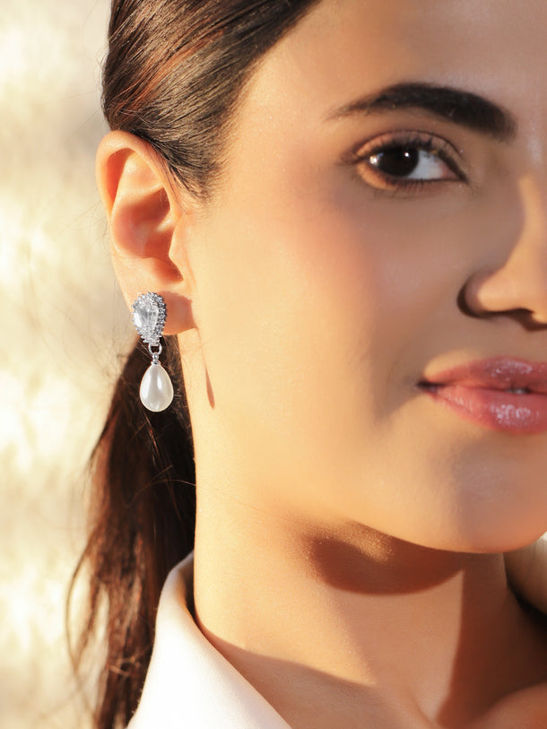 White Crystal Pearl Drop Earrings