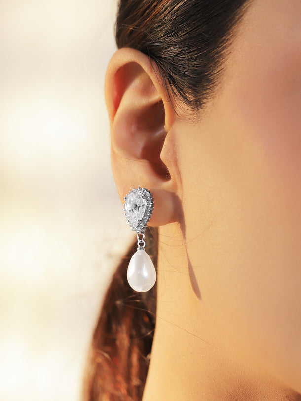 White Crystal Pearl Drop Earrings