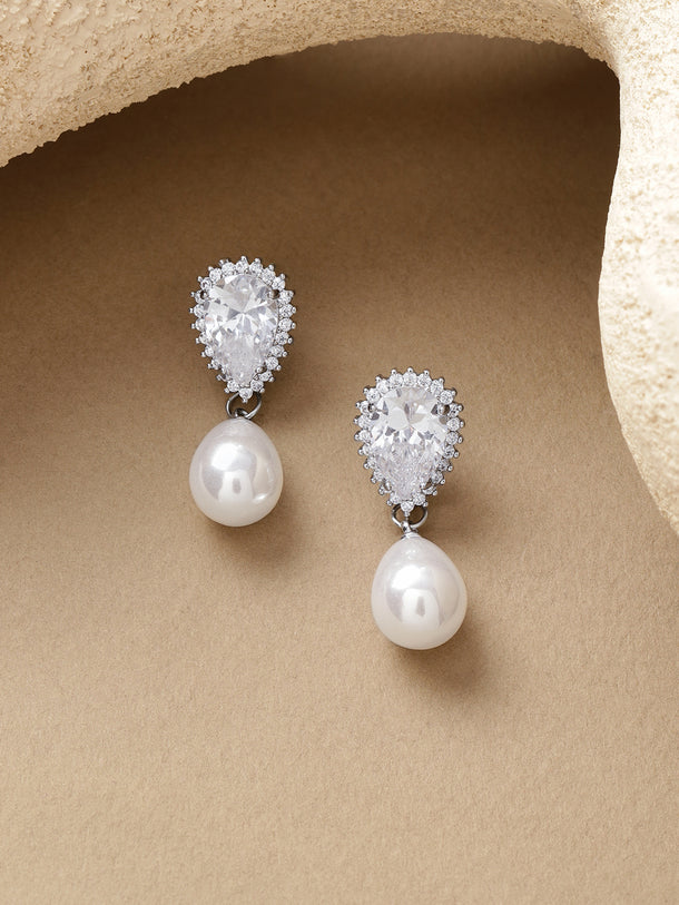 White Crystal Pearl Drop Earrings