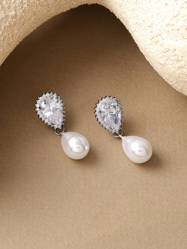 White Crystal Pearl Drop Earrings