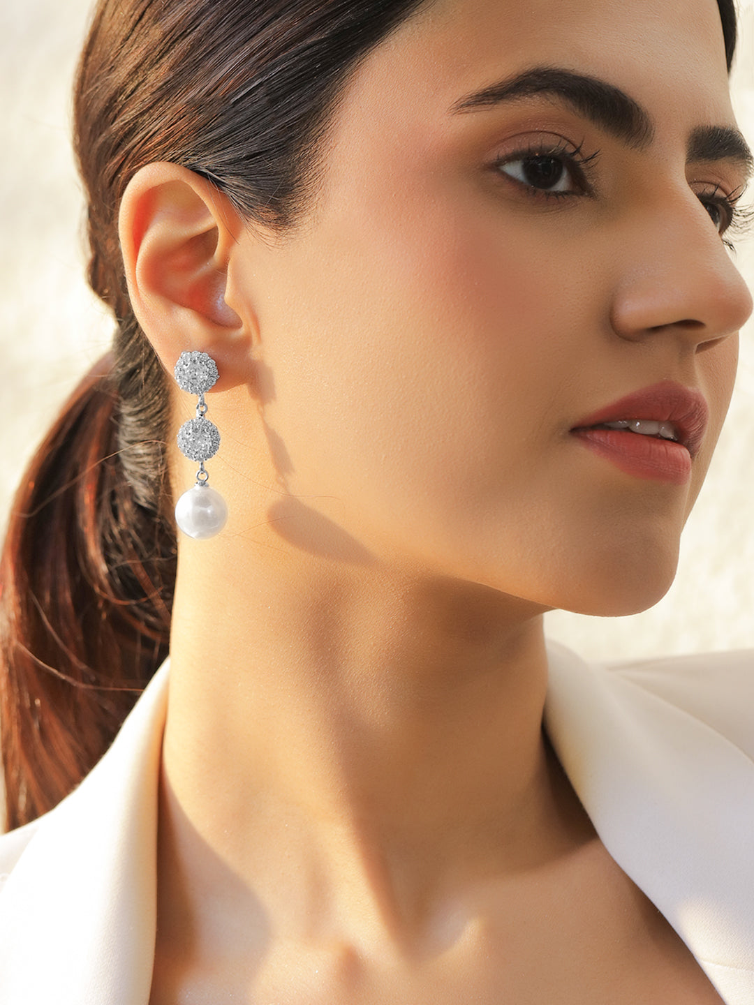 Rubans Rhodium-Plated Crystals Studded And Pearls Beaded Contemporary Drop Earrings