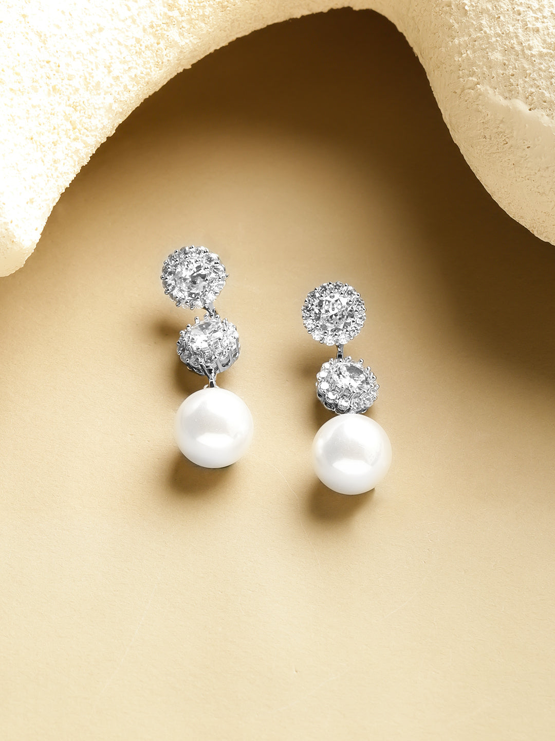 Rubans Rhodium-Plated Crystals Studded And Pearls Beaded Contemporary Drop Earrings