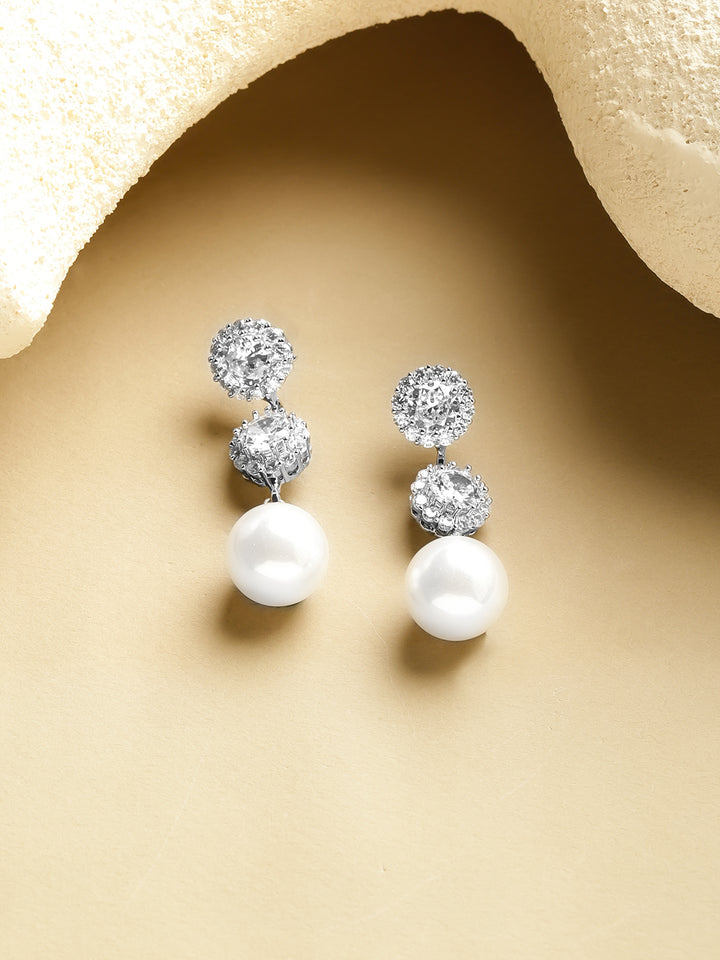 Rubans Rhodium-Plated Crystals Studded And Pearls Beaded Contemporary Drop Earrings