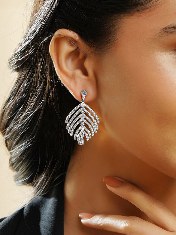 Rubans Rhodium-Plated Leaf Design Earrings with Sparkling Cubic Zirconia Stones