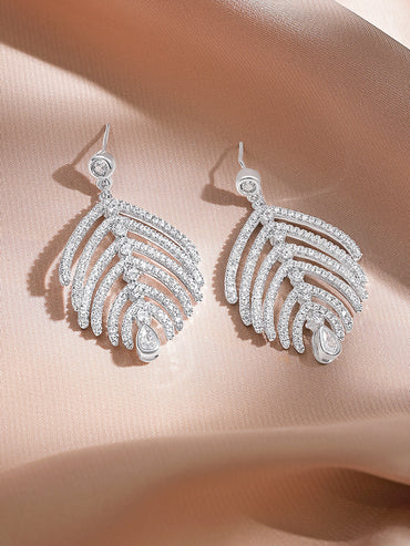 Rubans Rhodium-Plated Leaf Design Earrings with Sparkling Cubic Zirconia Stones