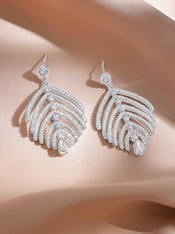 Rubans Rhodium-Plated Leaf Design Earrings with Sparkling Cubic Zirconia Stones