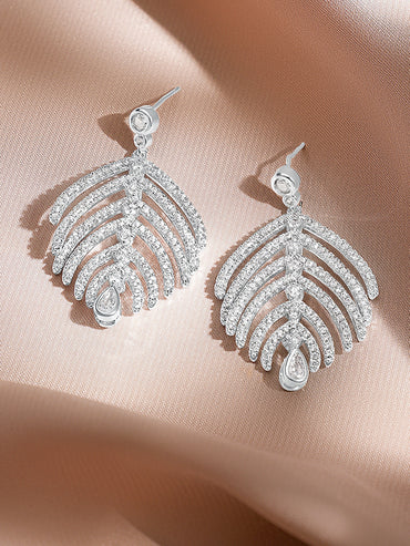 Rubans Rhodium-Plated Leaf Design Earrings with Sparkling Cubic Zirconia Stones