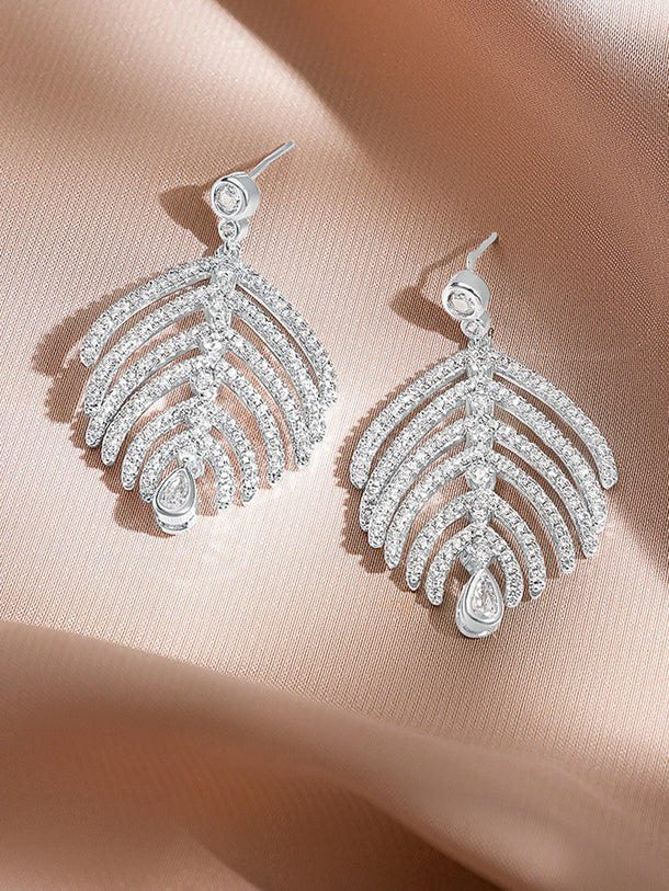 Rubans Rhodium-Plated Leaf Design Earrings with Sparkling Cubic Zirconia Stones