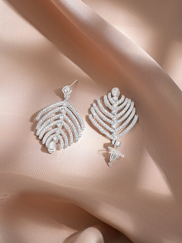 Rubans Rhodium-Plated Leaf Design Earrings with Sparkling Cubic Zirconia Stones