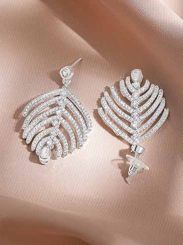 Rubans Rhodium-Plated Leaf Design Earrings with Sparkling Cubic Zirconia Stones