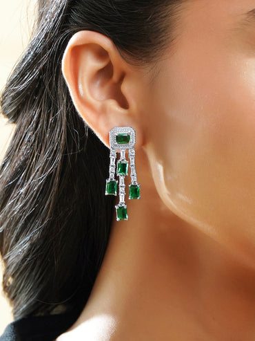 Rubans Rhodium-Plated Emerald Green & White Crystal AD Studded Statement Drop Earrings