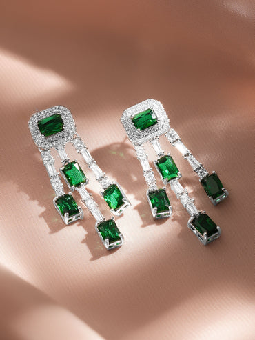 Rubans Rhodium-Plated Emerald Green & White Crystal AD Studded Statement Drop Earrings