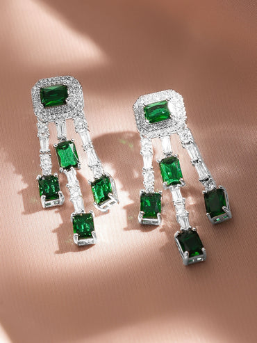Rubans Rhodium-Plated Emerald Green & White Crystal AD Studded Statement Drop Earrings