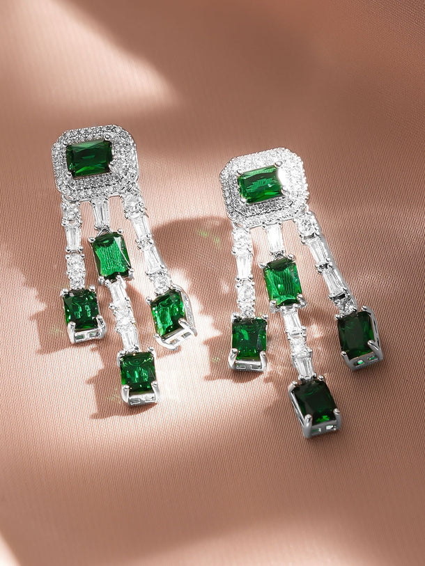 Rubans Rhodium-Plated Emerald Green & White Crystal AD Studded Statement Drop Earrings