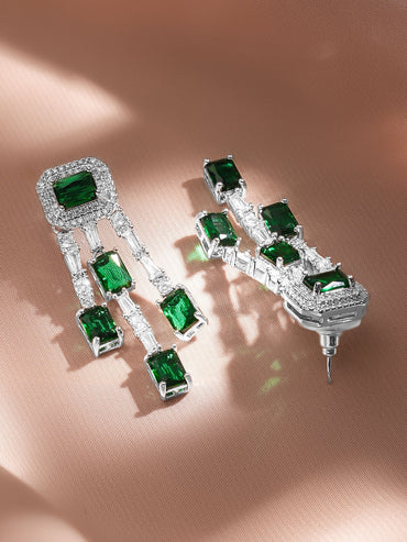 Rubans Rhodium-Plated Emerald Green & White Crystal AD Studded Statement Drop Earrings