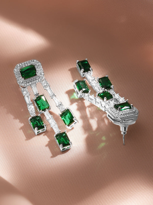 Rubans Rhodium-Plated Emerald Green & White Crystal AD Studded Statement Drop Earrings