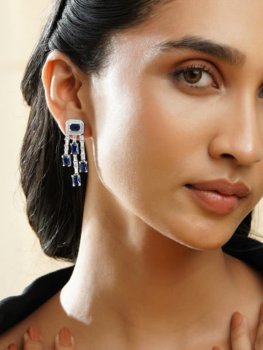 Rubans Rhodium Plated Blue & White Crystal AD Studded Statement Drop Earrings