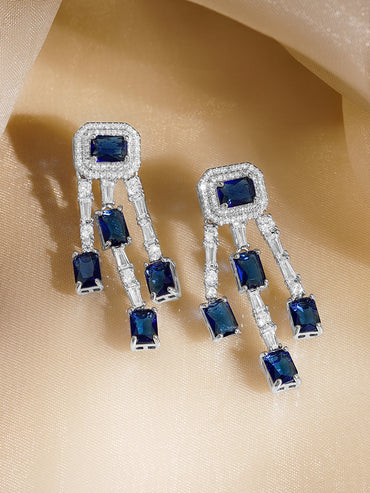 Rubans Rhodium Plated Blue & White Crystal AD Studded Statement Drop Earrings