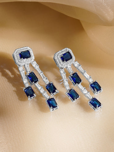 Rubans Rhodium Plated Blue & White Crystal AD Studded Statement Drop Earrings