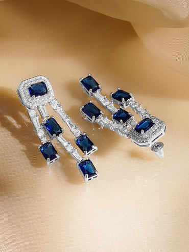 Rubans Rhodium Plated Blue & White Crystal AD Studded Statement Drop Earrings