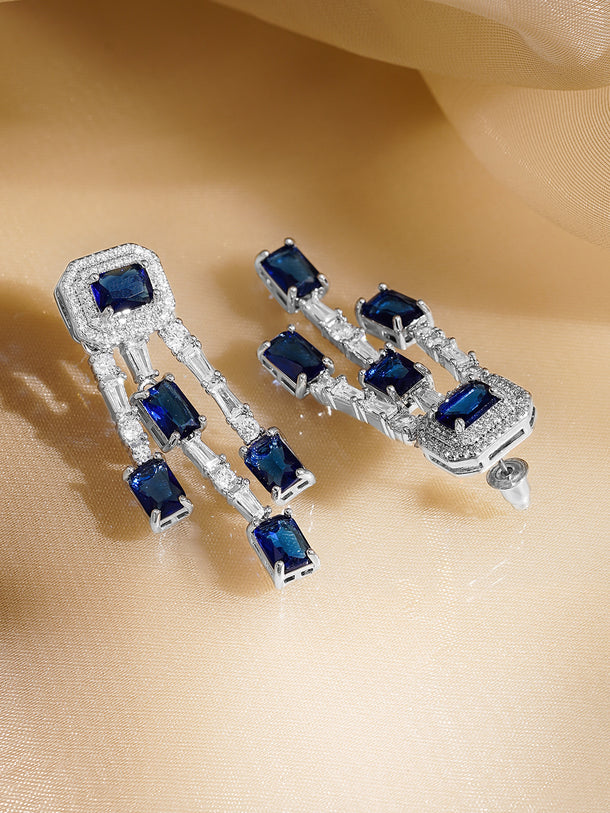 Rubans Rhodium Plated Blue & White Crystal AD Studded Statement Drop Earrings