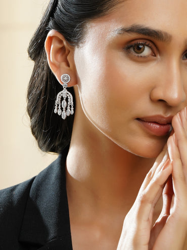 Rubans Rhodium-Plated Arch Chandelier Earrings with Marquise & Teardrop Zirconia