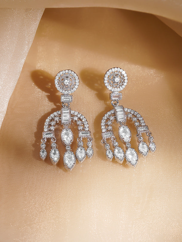 Rubans Rhodium-Plated Arch Chandelier Earrings with Marquise & Teardrop Zirconia
