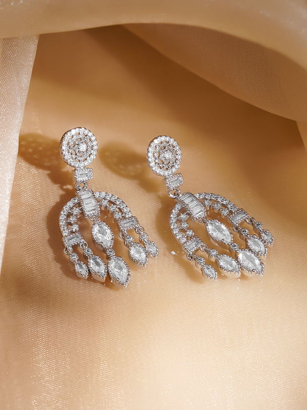 Rubans Rhodium-Plated Arch Chandelier Earrings with Marquise & Teardrop Zirconia