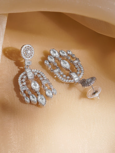 Rubans Rhodium-Plated Arch Chandelier Earrings with Marquise & Teardrop Zirconia
