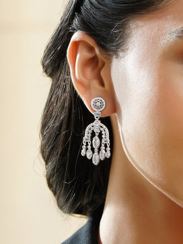 Rubans Rhodium-Plated Arch Chandelier Earrings with Marquise & Teardrop Zirconia