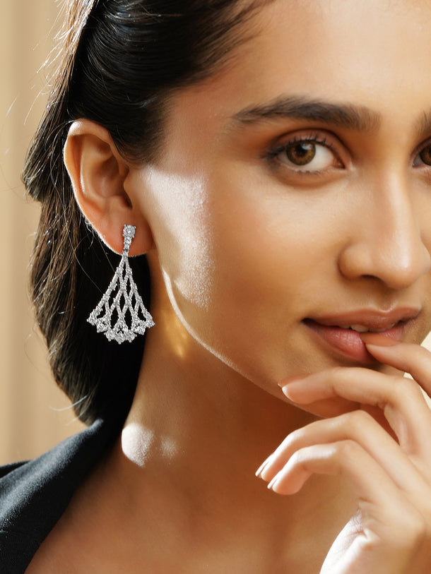 Rubans Rhodium-Plated Lattice Fan Design Cubic Zirconia Dangler Earrings