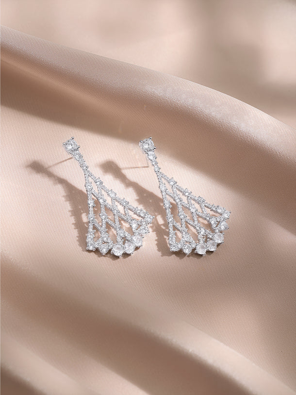 Rubans Rhodium-Plated Lattice Fan Design Cubic Zirconia Dangler Earrings