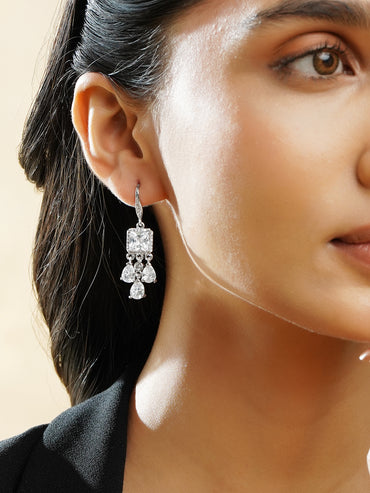 Rubans Rhodium-Plated Square & Pear Crystal Zirconia Stone Elegant Drop Earrings