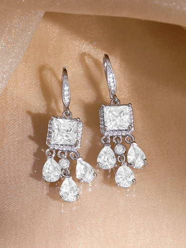 Rubans Rhodium-Plated Square & Pear Crystal Zirconia Stone Elegant Drop Earrings