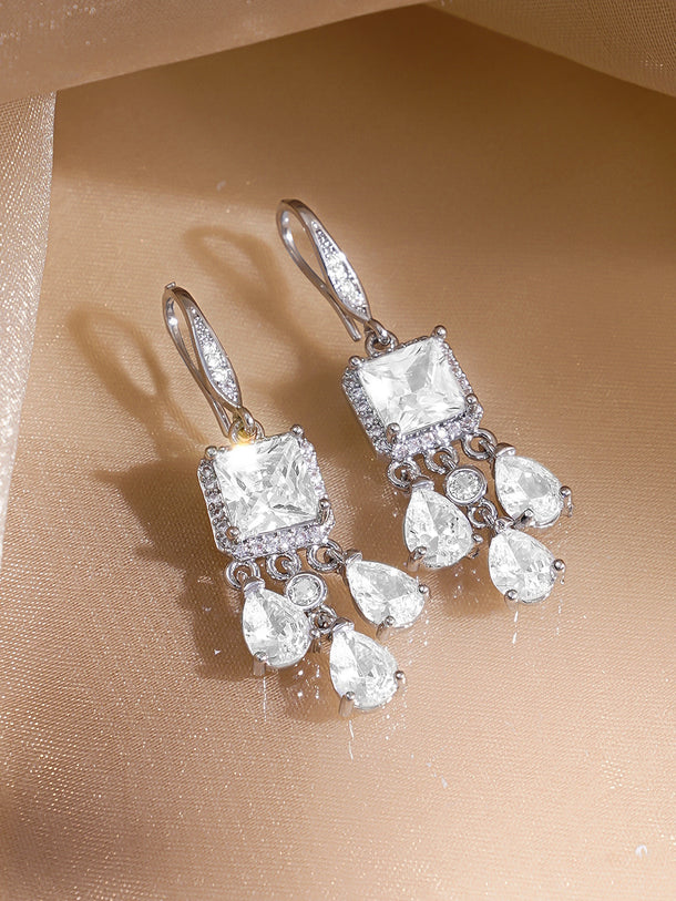 Rubans Rhodium-Plated Square & Pear Crystal Zirconia Stone Elegant Drop Earrings