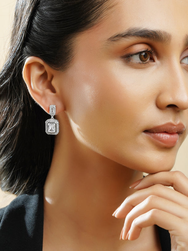 Rubans Rhodium Plated Drop Earrings with Crystal Cubic Zirconia Sparkling Stones