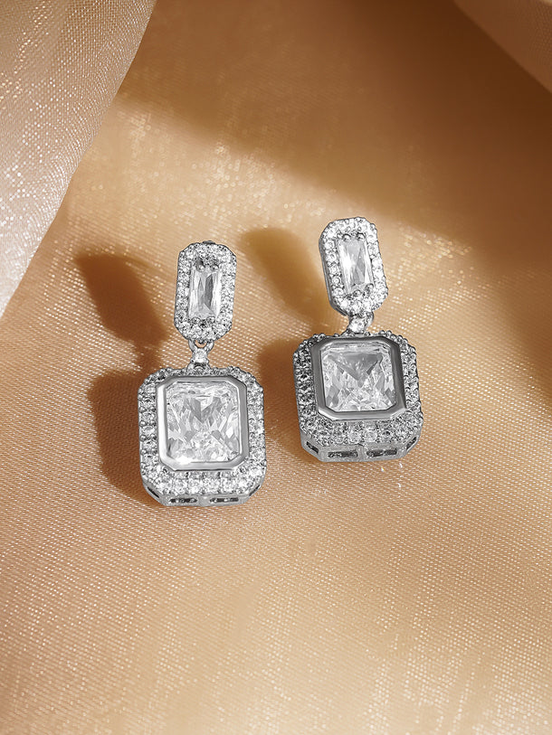Rubans Rhodium Plated Drop Earrings with Crystal Cubic Zirconia Sparkling Stones